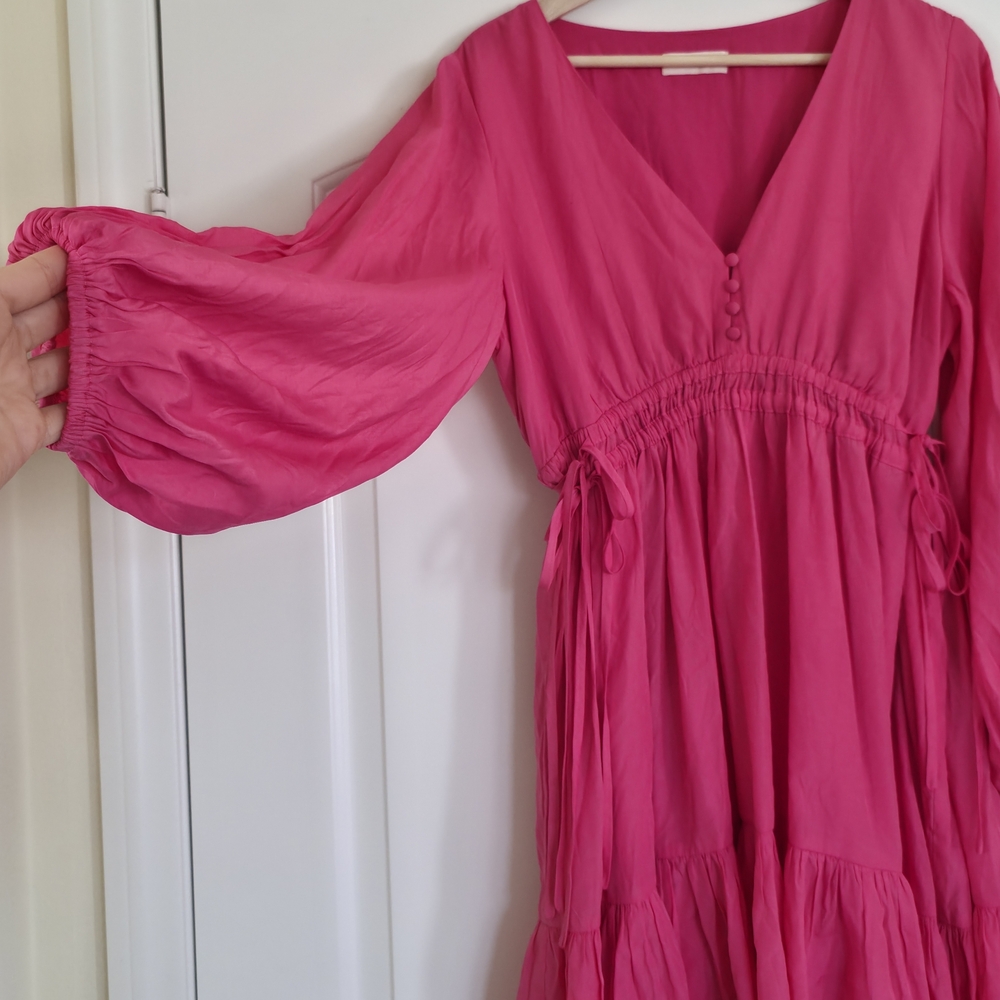 Hot Pink Mini Dress Flowy Puff Long Slevee Coquette Romantic Barbiecore Summer - Picture 4 of 7